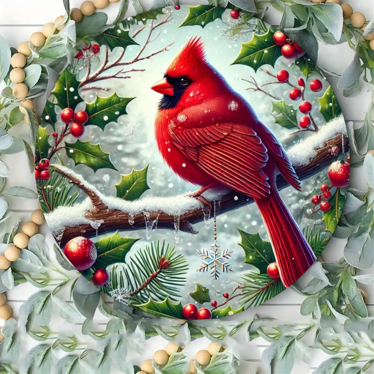 1pc Winter Cardinal and Holly Round Iron Sign, 19.81x19.81 cm Personalized Artistic Decorative Plaque for Front Door, Porch, Liv