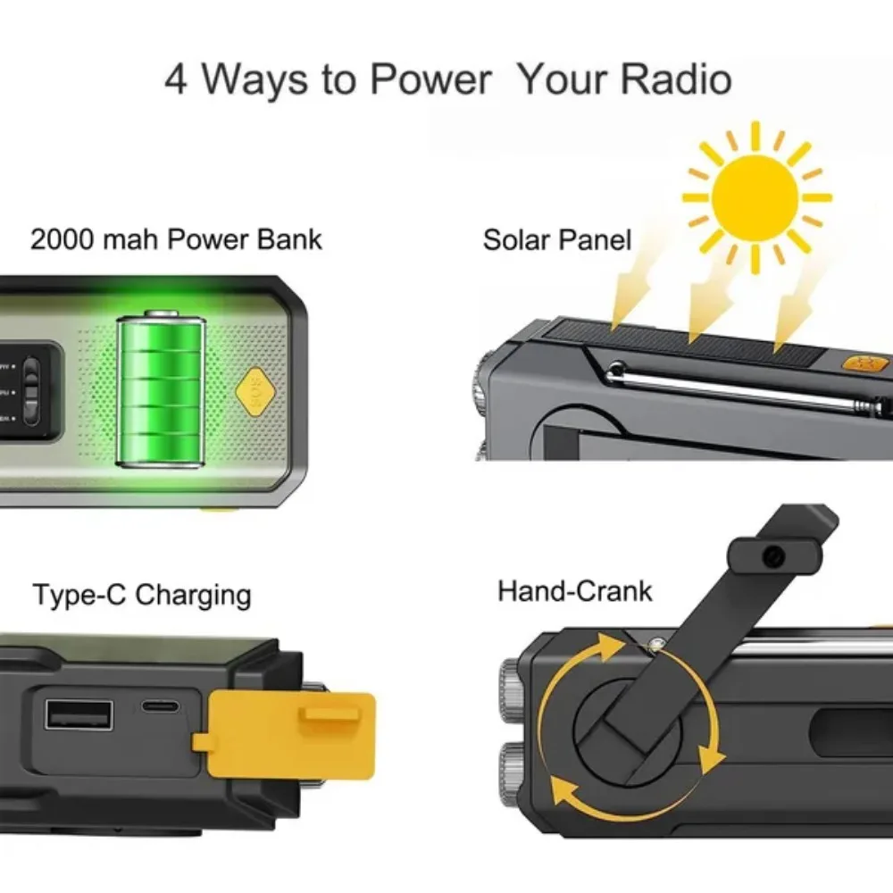 Weather Radio Emergency Multifunctional Radio FM AM WB Hand Crank Solar USB Charging 2000mAh Power Bank LED Flashlight Torch