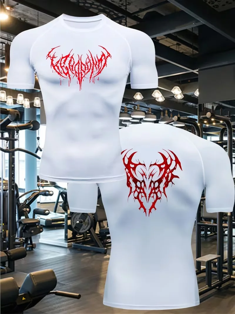 Trendiges Design, Gothic-Muster bedrucktes Herren-Sport-T-Shirt, schnelltrocknend, hochelastisches Kompressions-T-Shirt mit kurzen Ärmeln.