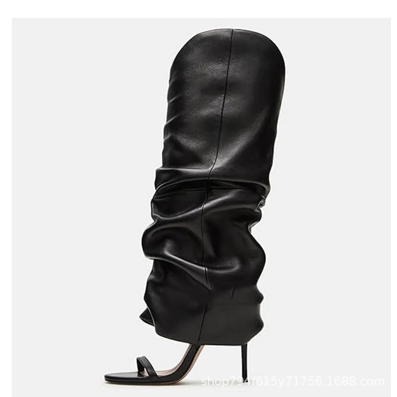 

Women's Black Faux Leather Over The Knee Slouchy Thigh High Boots Toe Post Stiletto High Heel Boots Fashion Ruched Party Boots