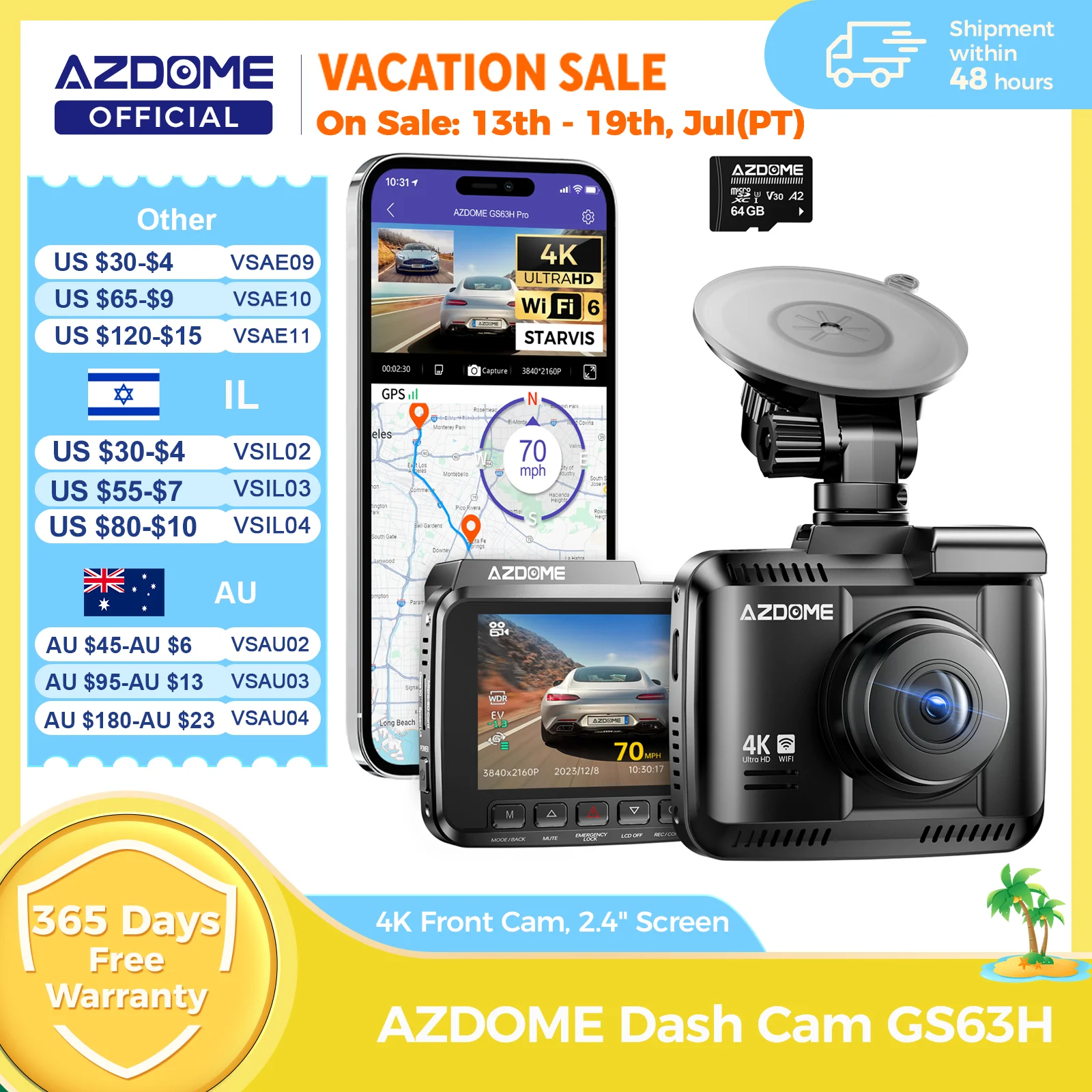 AZDOME 대시캠 GS63H 4K 내장 GPS Wi-Fi 대시카 카메라 스타비스 2.4인치 화면 WDR 야간 시야 자동차 DVR 주차 모니터