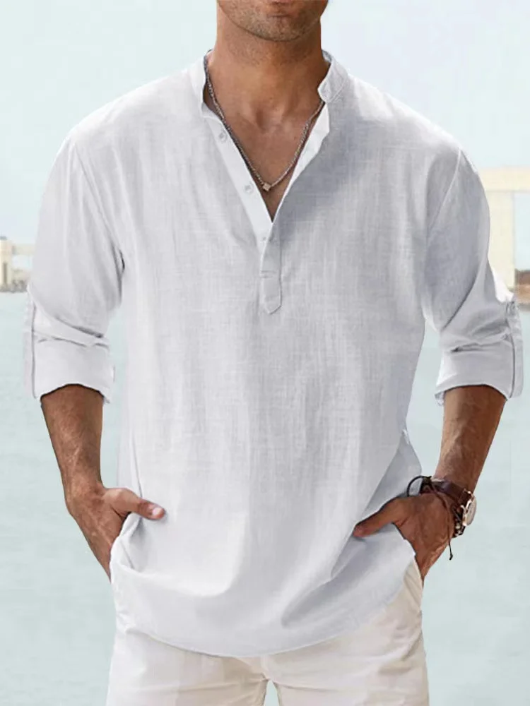 New Men's Long Sleeved Shirt, Casual Shirt, Solid Color, Henry Collar, Casual, Beach Style, Hawaiian Vacation Style
