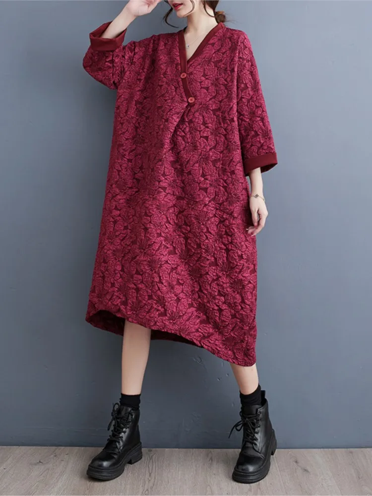 

Oversized Spring Autumn V-Neck Midi Dress Women Flower Print Fashion Ruffle Pleated Ladies Dresses Loose Casual Woman Dress