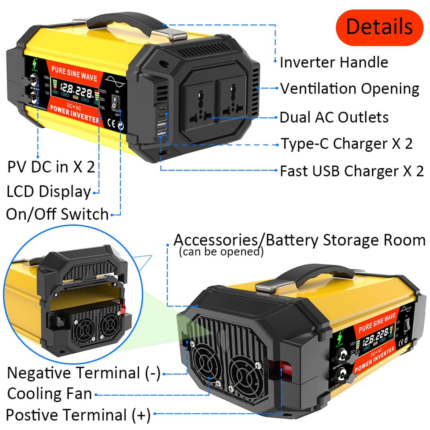 power inverter DC 12V to AC 220V, equipped with dual universal sockets, pure sine wave, fast charging, portable, for outdoor use - view 2
