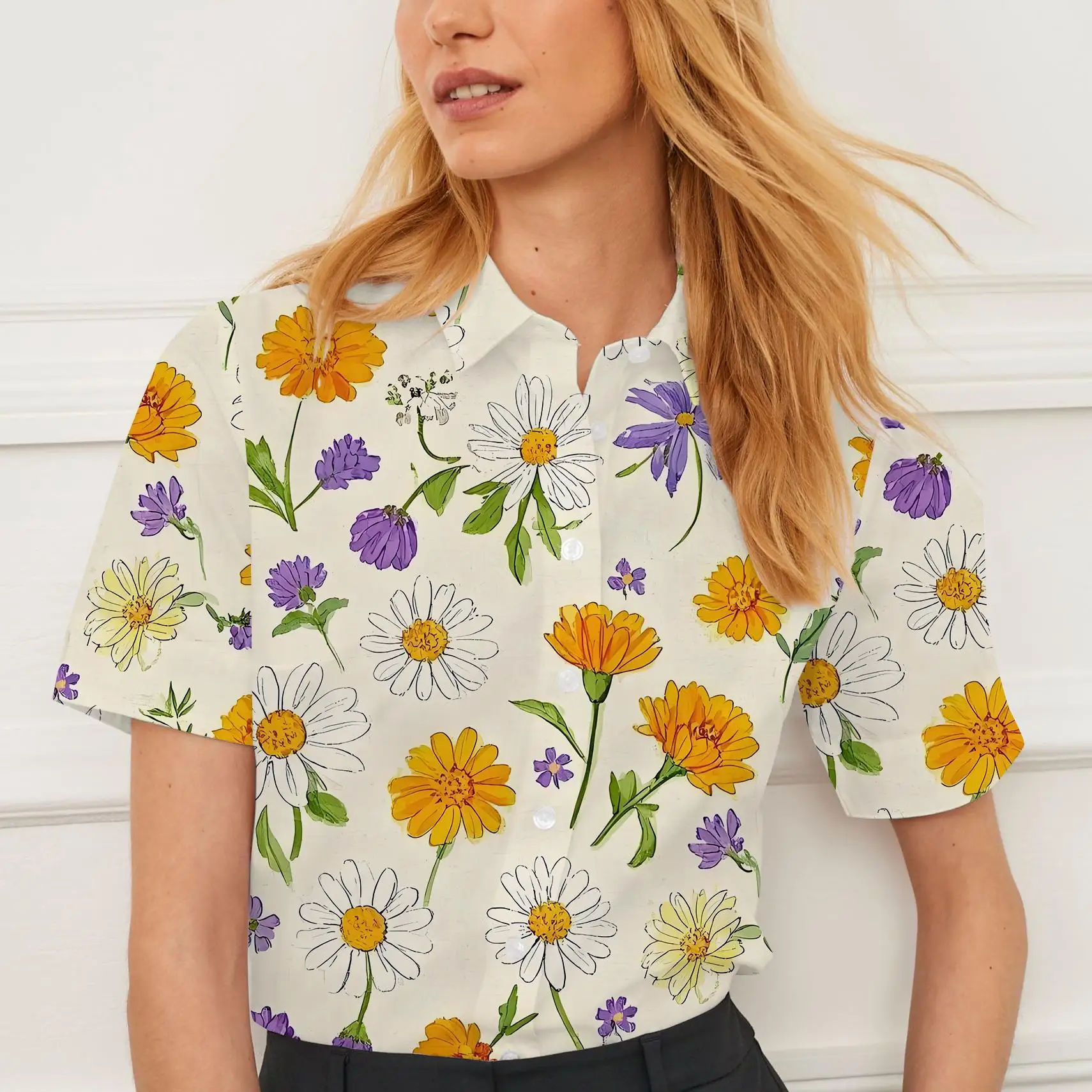 Рубашка с коротким рукавом, летняя женская одежда с лацканами, женские топы с принтом ромашки, модные повседневные дышащие индивидуальные топы