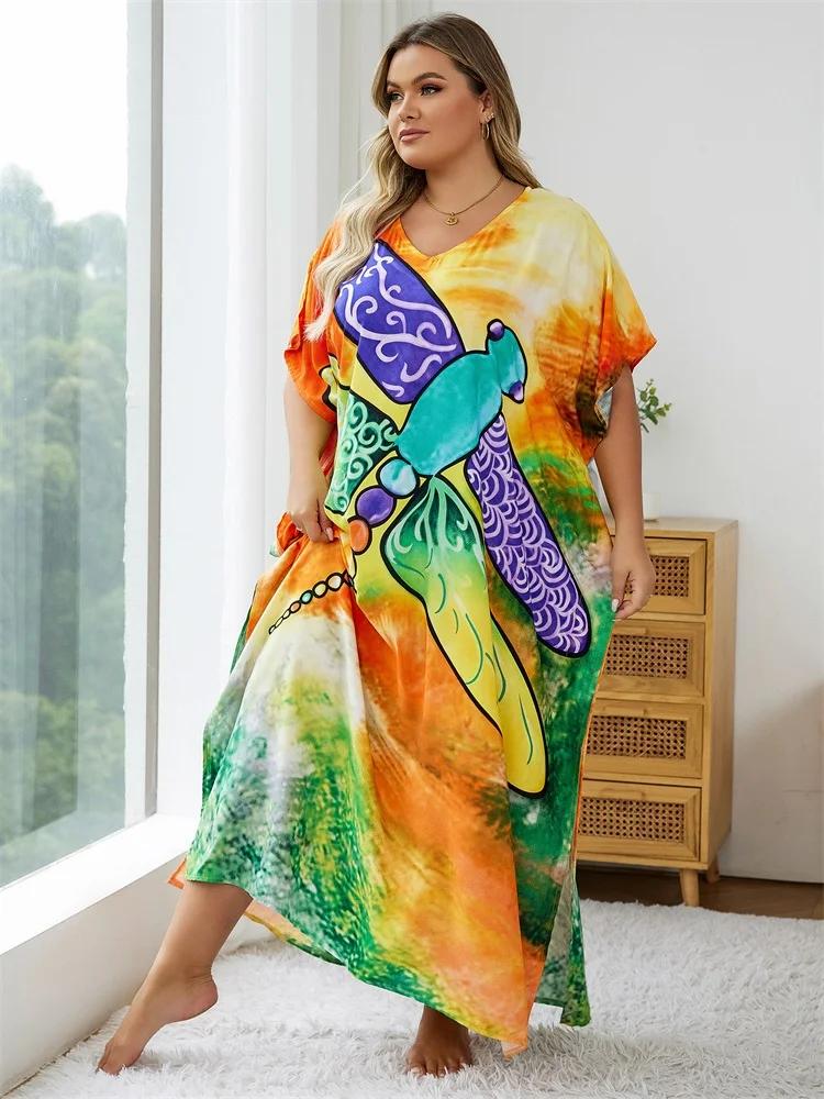 2024 Summer Plus Size Bohemian Print V Neck Batwing Sleeve Loose Kaftan Dress African Women Beachwear Swimsuit Cover Up Q1577