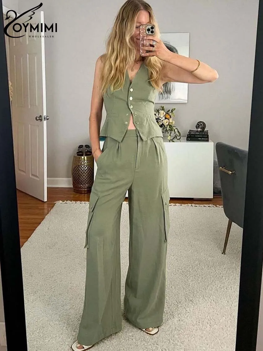 

Oymimi Fashion Green Two Piece Set For Women Casual V-Neck Sleeveless Button Tank Tops And High Waist Pockets Sweatpants Sets