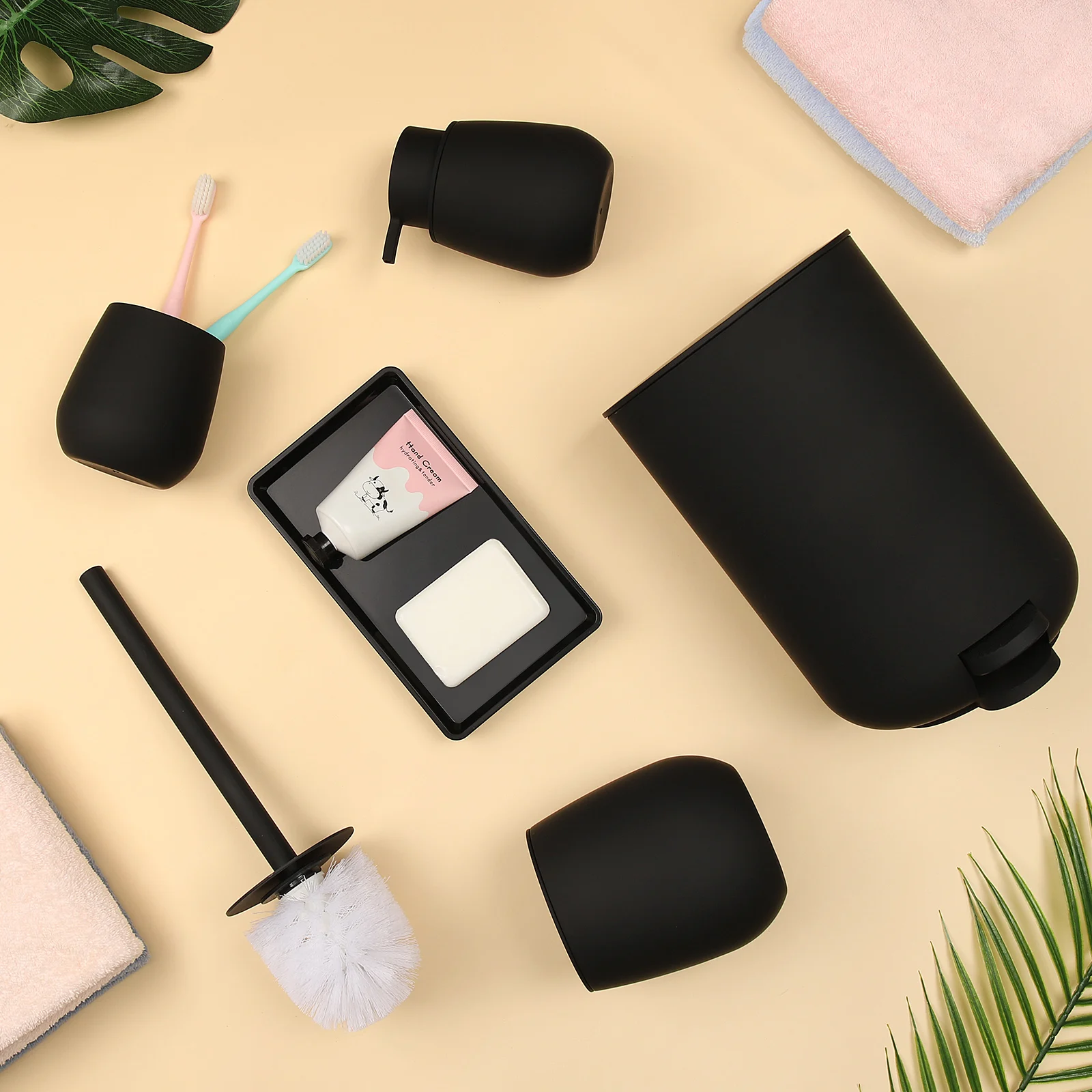5-Piece Matte Black Bathroom Accessory Set - Includes Trash Can, Soap Dispenser,Toothbrush Holder,Tray, and Toilet Brush.Bathroo