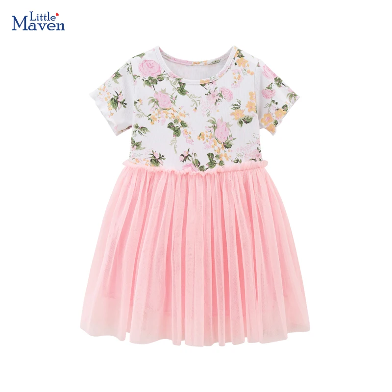 Little maven 2024 New Summer Kids Clothes Children \'s Clothing Baby Girls Cotton Cartoon Flowers Infant Mesh Dresses Vestidos