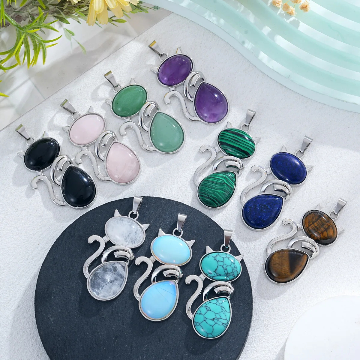 

Cat Shape Natural Stone Pendants, Cute Animal Gemstone Charms for Jewelry Making
