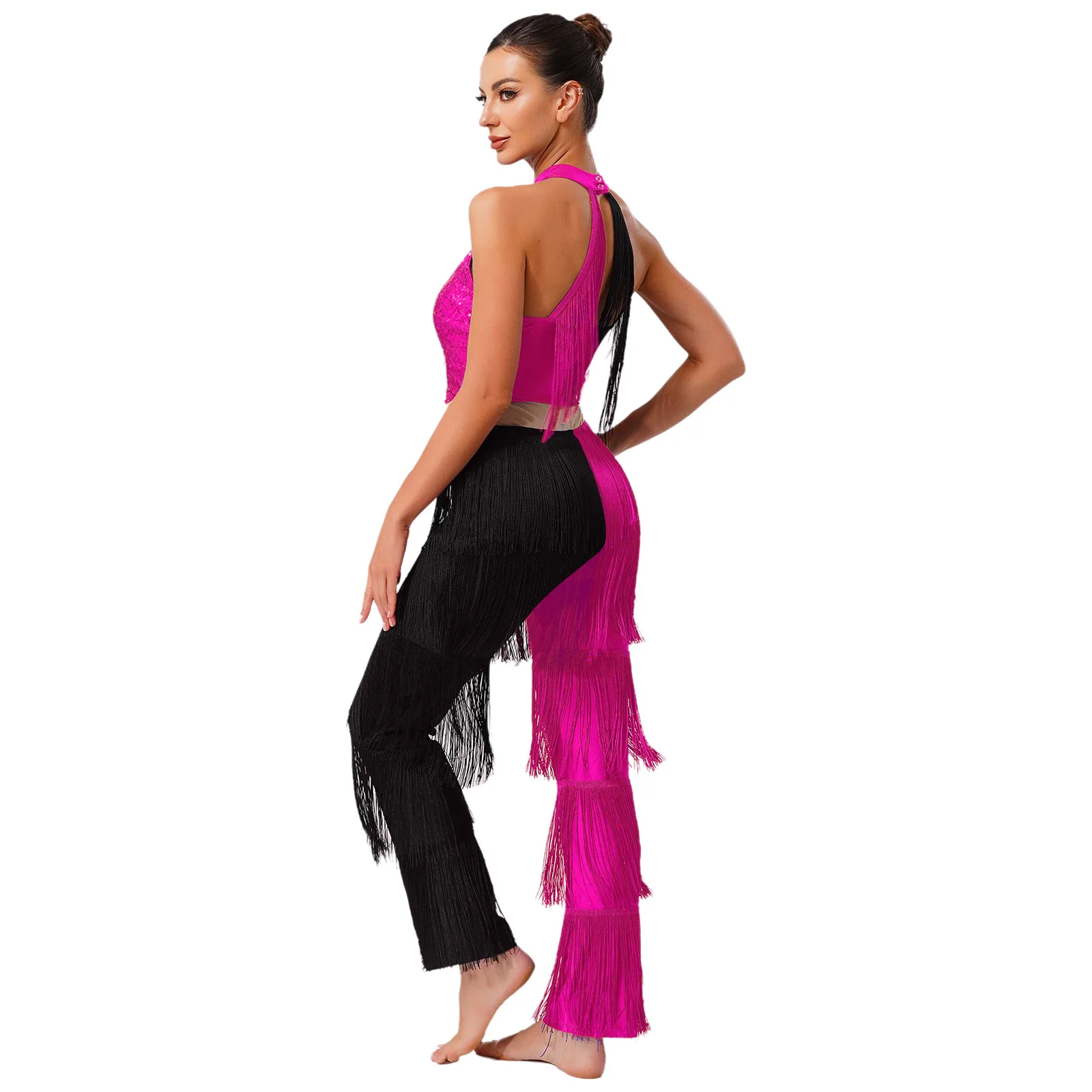 여성 라틴 재즈 댄스웨어 대비 컬러 술 라틴 댄스 점프 슈트 탱고 차차 퍼포먼스 의상 계층화 된 프린지 레오타드