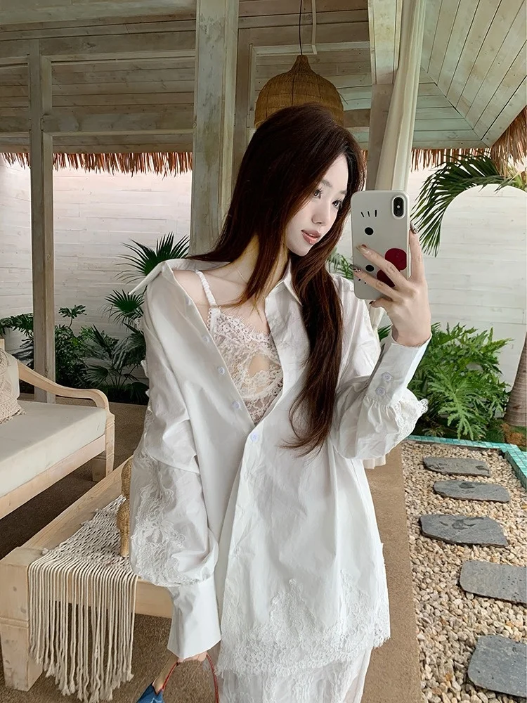 

Summer New Sle White Lace Long Sve irt Women's Heavy Embroidery Splicing f Skirt Tee-piece Set Faionable Ensemble