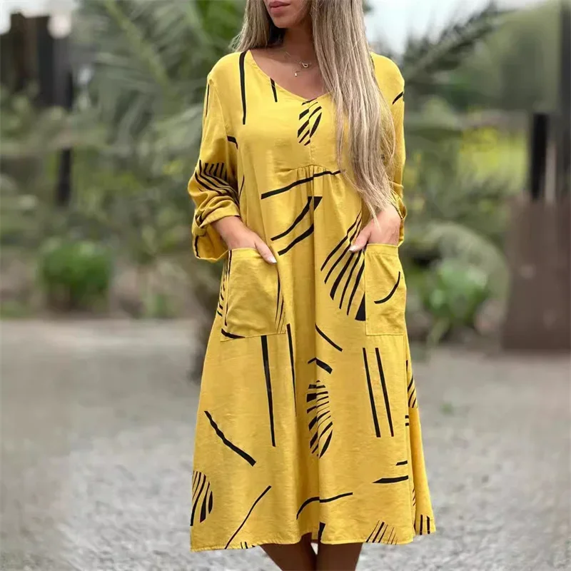 Fashion Print Loose V Neck Pullover Dresses Women Seven-quarter Sleeves Double Pocket Splice Dress Female Casual Large Hem Gown