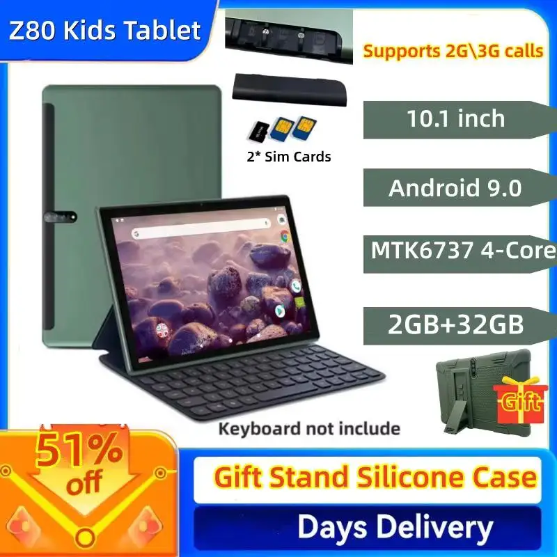 

Z80 10.1" Android 9.0 Phone Call Kids Tablet MTK6737 Quad-Core Supports 2G\3G Calls 2GB RAM 32GB ROM 1280x800 IPS Dual Camera