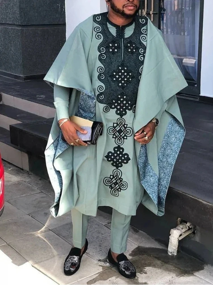 Men's African Bazin Riche Long-Sleeve Three-Piece Suit