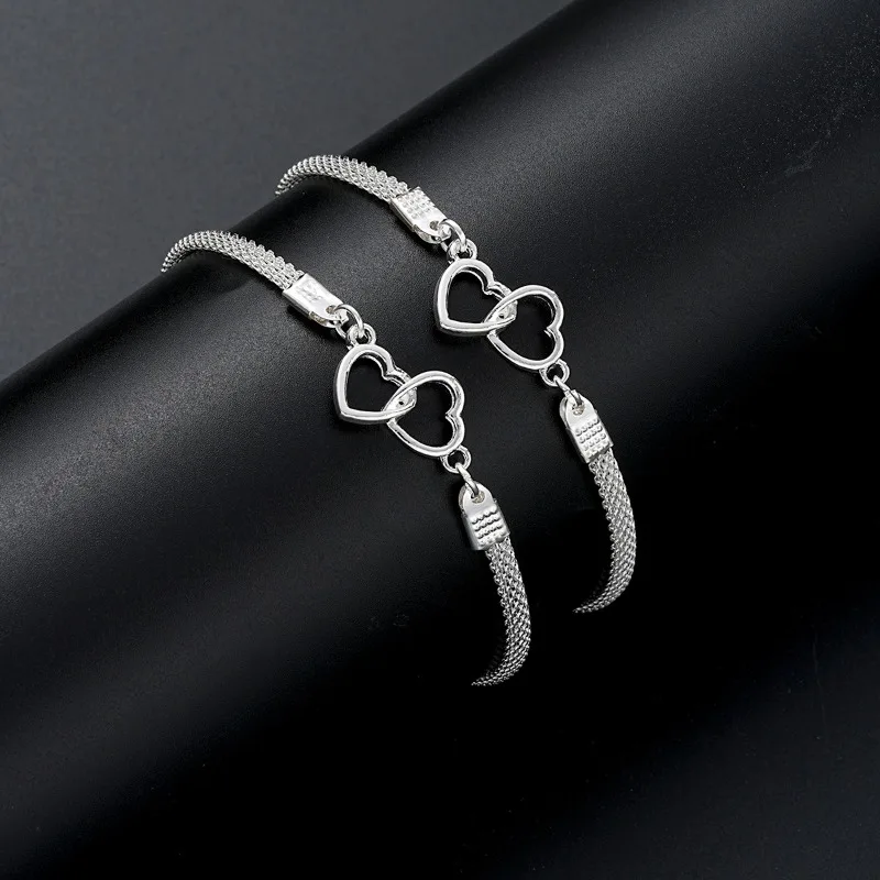 

2 Pcs Set Love Heart Couple Bracelets for Women Men Silver Color Double Layer Matching Chain Bracelet Lover Jewelry Gift