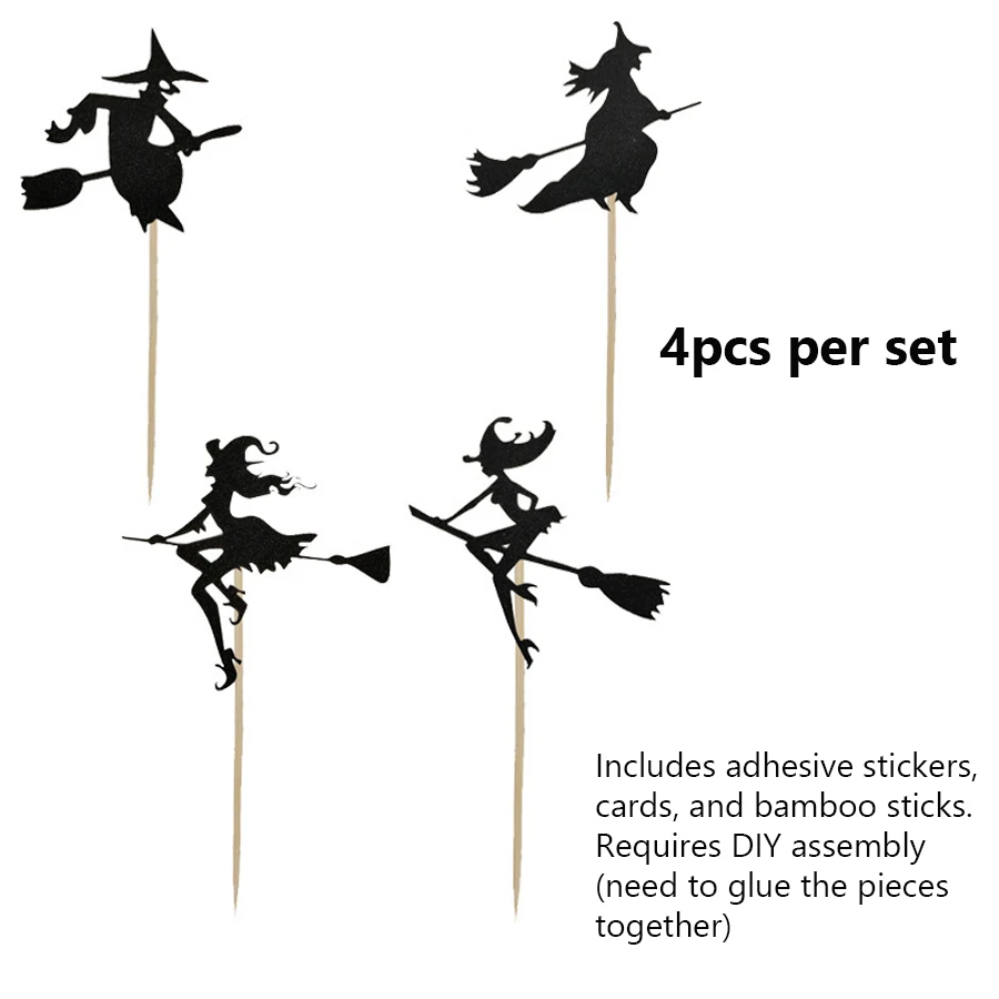 4 Stück Cupcake-Topper mit Hexenmotiv für Halloween, inklusive Tortenstäbchen zur Dekoration und als Gastgeschenke für Partys. – Detail 4