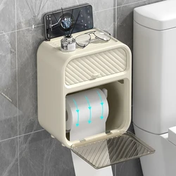 Multifunctional Toilet Paper Storage Box Double Layer Wall Mounted Punch-Free Waterproof Drawer Tissue Holder Bathroom Supplies