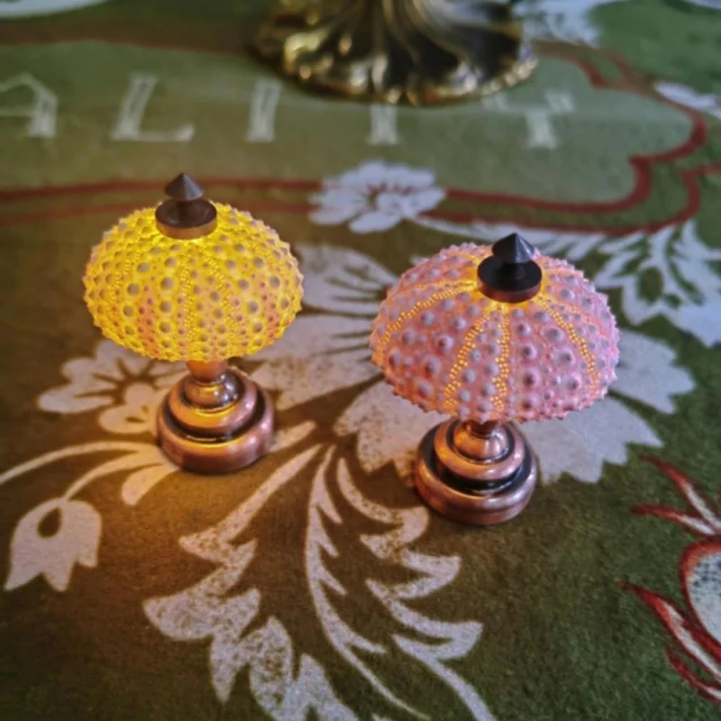Retro ouriço do mar luz da noite mini natural ouriço escudo ornamentos decorativos para crianças quarto decoração de mesa lâmpada brinquedo diy