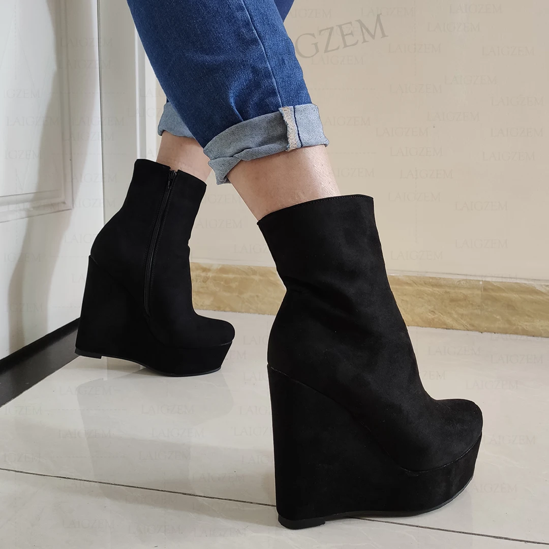 LAIGZEM Women Ankle Boots Faux Suede Platform Wedges Side Zip Short Booties Ladies Height Increase Shoes Woman Big Size 44 46 52