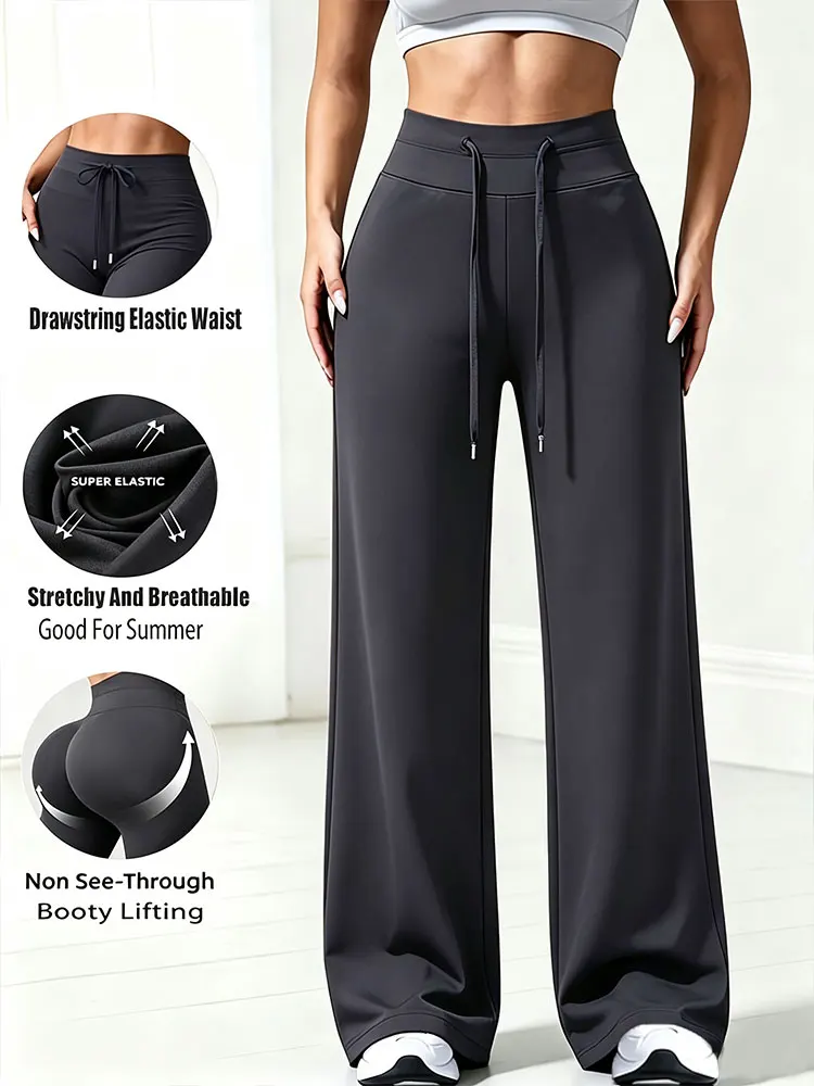 High Waist Drawstring Wide Leg Pants Fitness Yoga Pants Tummy Control Hip Lifting Sports Pants Womens Casual Pants Sports Fitne