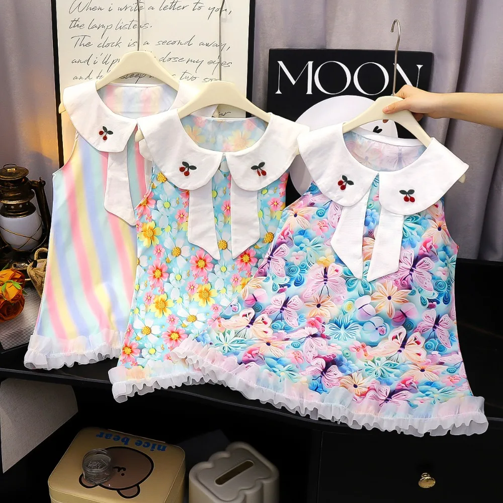 

2025 Sweet Summer New Girls Casual Vest Skirts Cute Cartoon Children Printed Sleeveless Vest Printed Dress Clothes Gifts