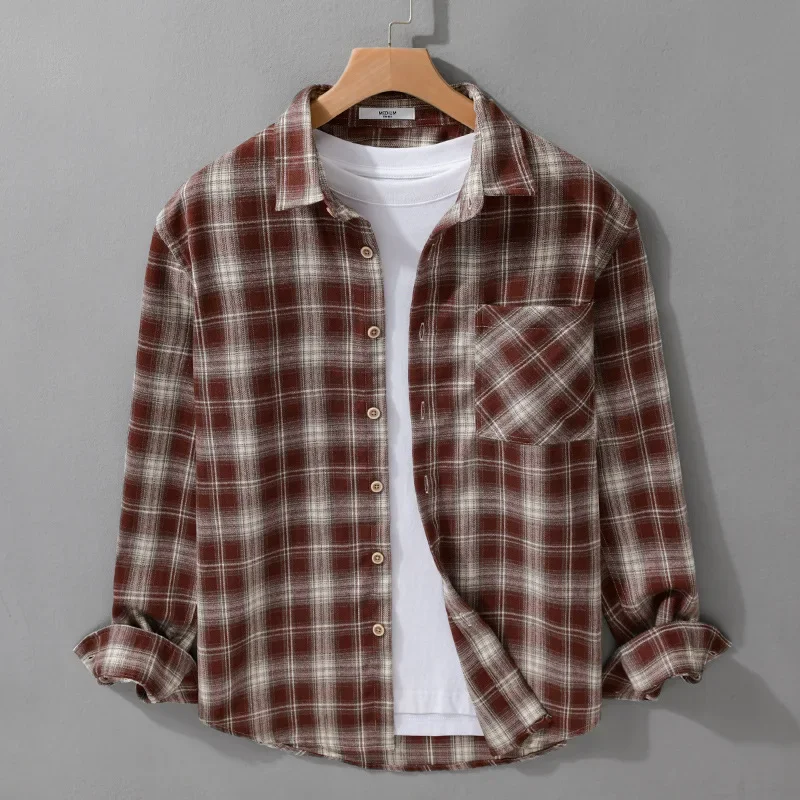 

Autumn Winter Long Sleeve Shirts Man Japanese Retro Red Plaid Shirt Men Lapel Brushed Shirt Pure Cotton Tops Daily Casual Shirts
