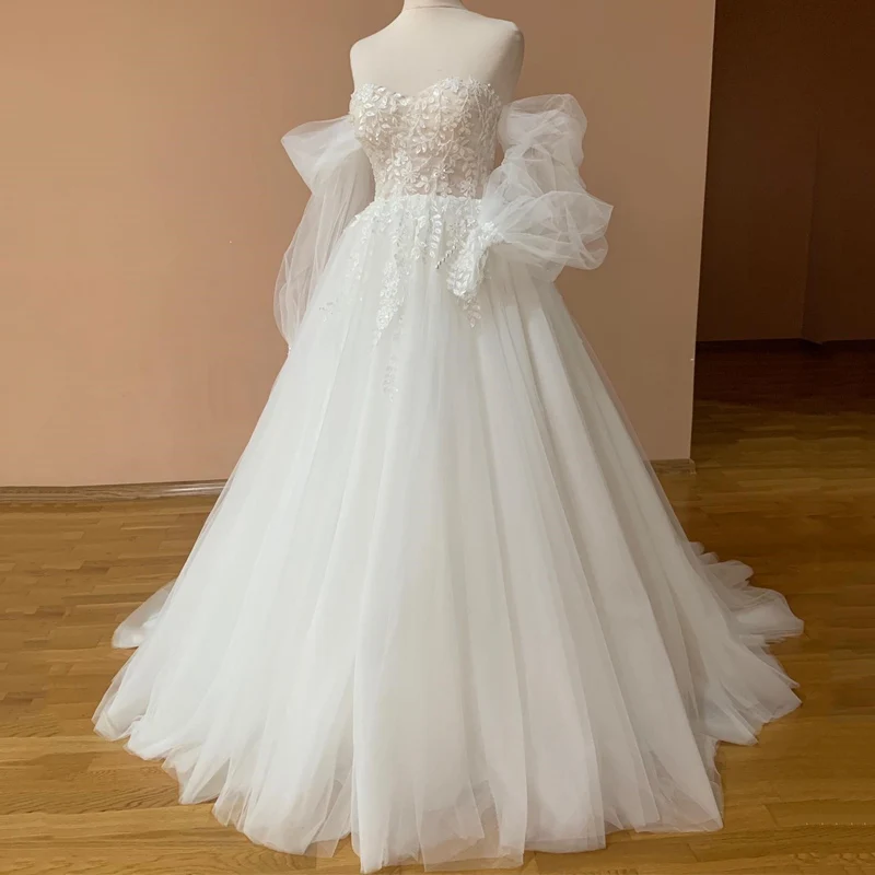 

2024 Sexy White Sweetheart Off Shoulder Long Sleeves Wedding Gowns A-Line Tull Princess Women Lace Beading Bride Dress