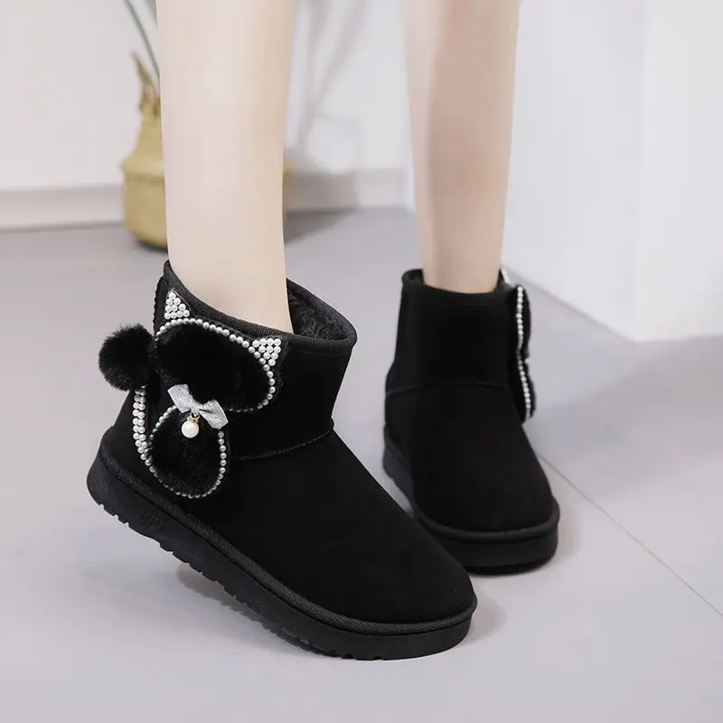 Large Size Warm Platform Woman Shoes Pearl Fleece-lined Round Toe Snow Boots for Women Fashion Trend 2025 Footwear on Promotion
