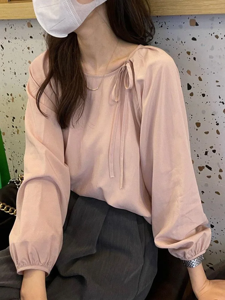 

plus Size Women's Bubble Sleeve Long Sleeve Shirt Loose Fit Meat Covering Spring Autumn Student Style Casual round Neck OL Shirt