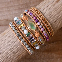 Boho Natural Stones Opal Center Stone Energry Wristband Vegan Wrap Bracelet Girls Spiritual Jewelry