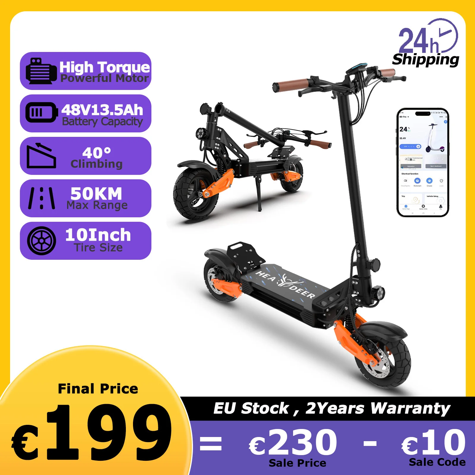 JUICEASE C67Lite Elektroroller 48V13.5Ah Hochleistungsakku Leistungsstarker Motor 50KM Reichweite 10 Zoll Breitreifen Geländegängiger All-Terrain-E-Scooter mit Stoßdämpfung