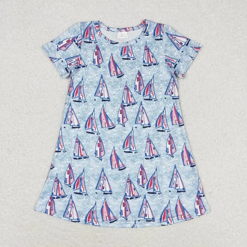 

New rts baby girls summer dresses wholesale boutique sailing wave short sleeve girls dress