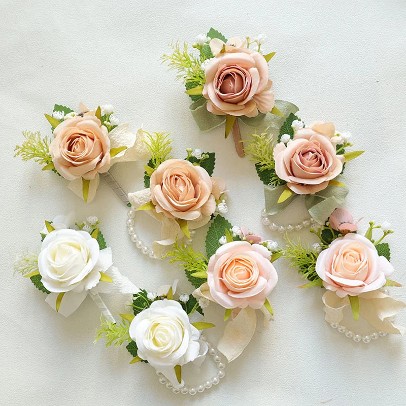 

25071 White Bohemian Rose Flower Corsage & Wristlet Set - Perfect for Brides, Groomsmen, and Wedding Decorations