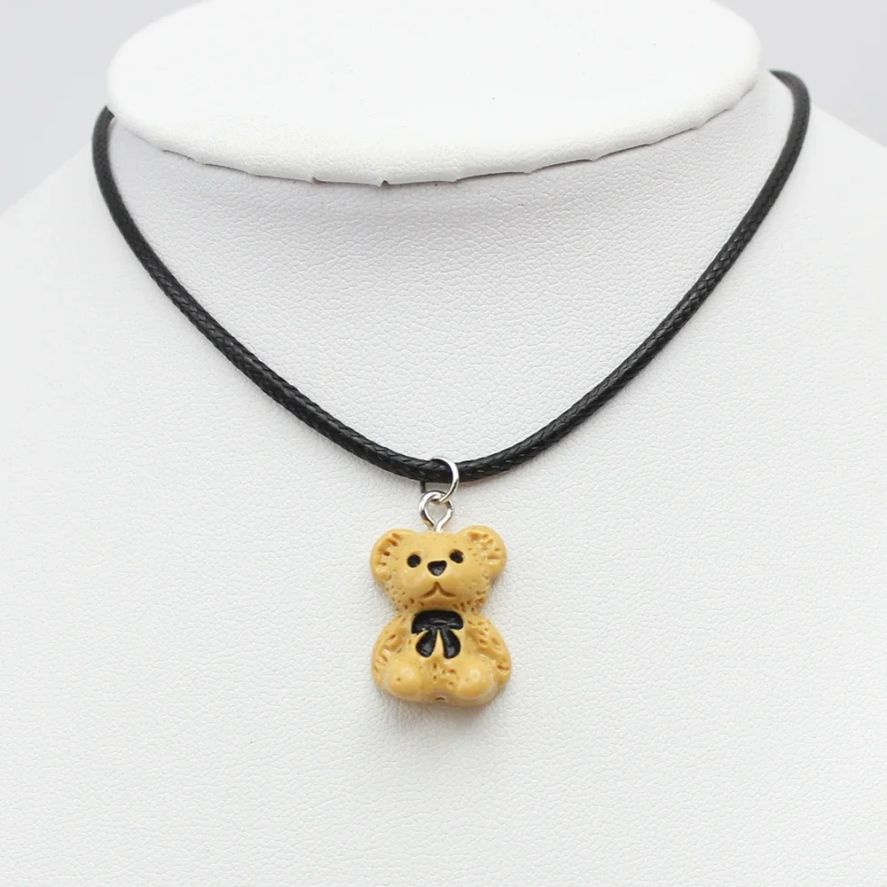 Resin 3D Cartoon Teddy Bear Short Pendant Choker Chain Necklace for Women Black Leather Braid Wax Cord DIY Jewelry Accessories