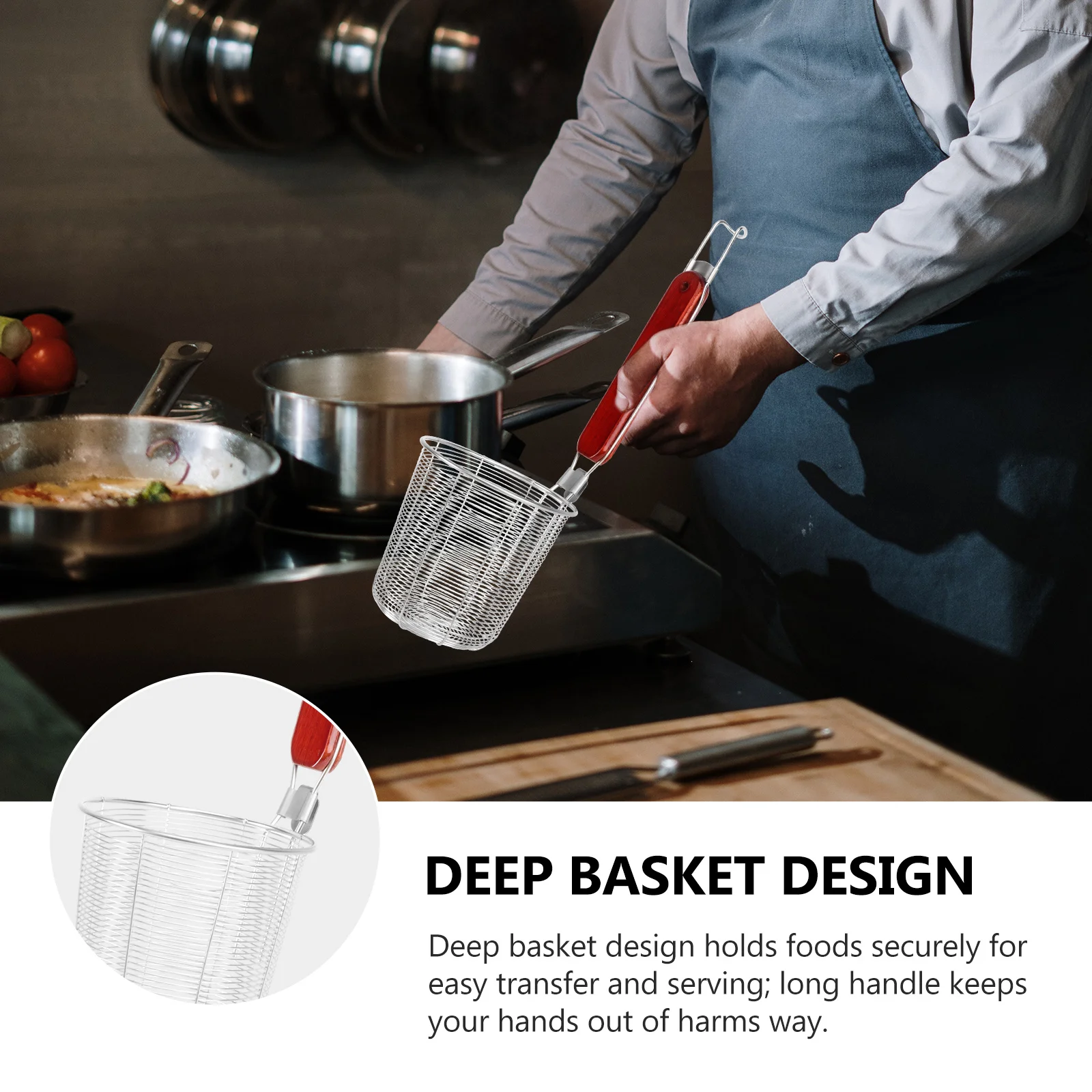 

Stainless Steel Strainer Basket 12.5cm Wooden Handle Wire Mesh Fast Drain Stable Base Deep Design Kitchen Sieve Pasta Dumpling