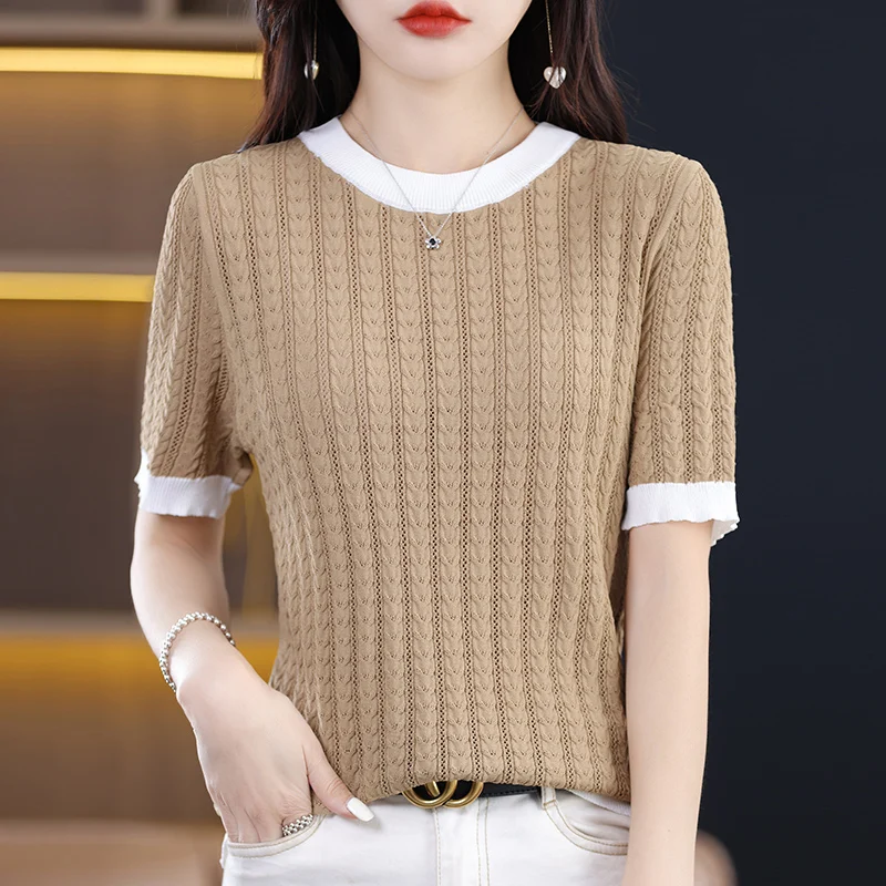Women's T-shirt Spring/Summer Worsted Knitwear Casual Splicing Ladies' Tops Loose Round Neck Blouse Pullover Hollow Tees