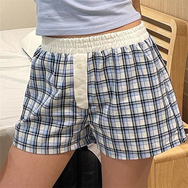 

Summer Korean Casual Plaid Shorts High Elastic Waist Short Pants Button Y2K Vinatge Pajamas Bottoms Kawaii Gothic Shorts