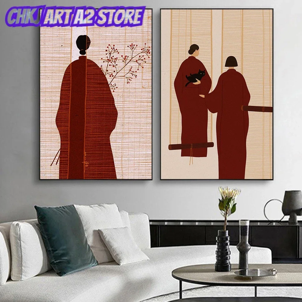 Oriental Minimalist Woman Canvas Painting Wabi Sabi Wall Art Retro Asian Figure Print Bamboo Blind And Black Cat Poster Decor