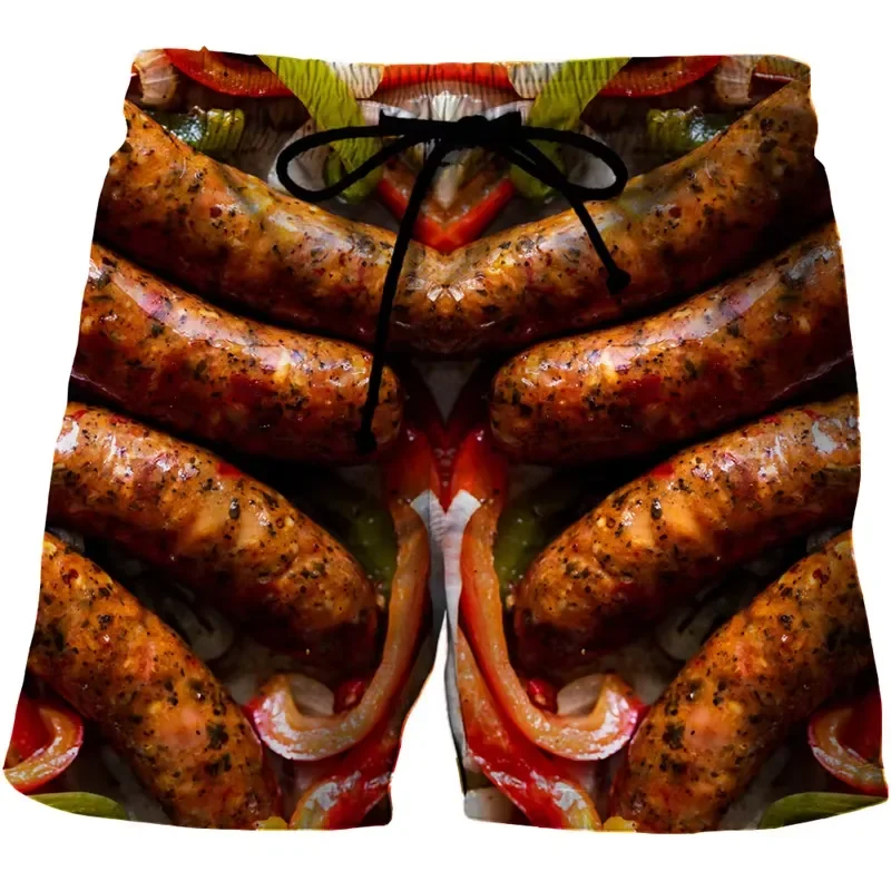for Men Women 3D Printed Gourmet Sausage Shorts Novelty Beach Swim Trunks Casual Summer Board Shorts Funny Food Pattern