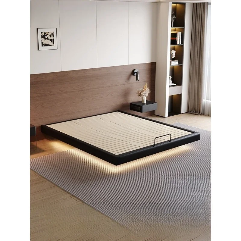 No bedside suspended bed Italian, minimalist small apartment master bedroom bed solid wood storage double bed