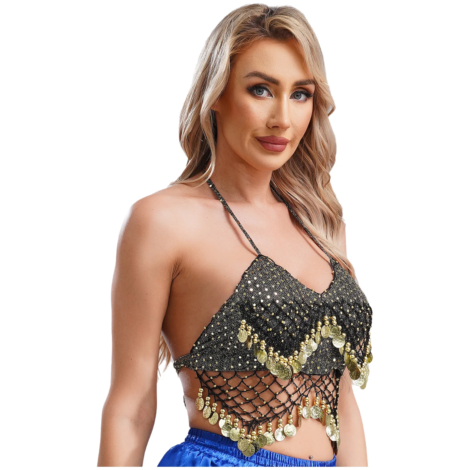 Adult Belly Dance Crop Top Ladies Halter Sequins Bra Top Camisole Arabian Princess Bollywood Stage Performance Costume