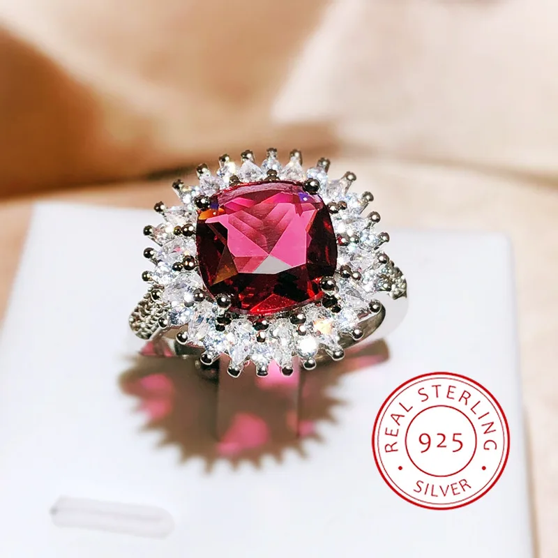 New Temperament Princess Square Group Zircon Ring For Women 925 Silver Red Tourmaline Opening Ring Party Wedding Bridal Jewelry