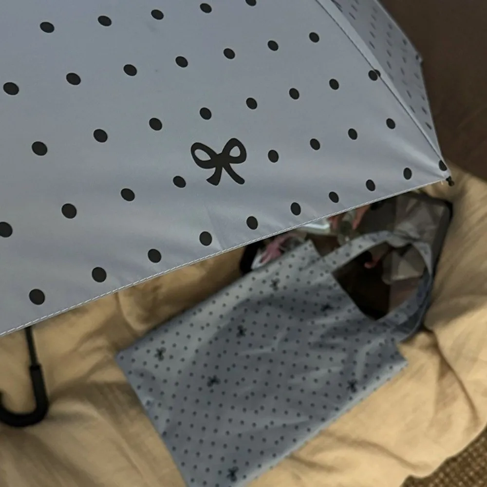 Polka Dot Bow Folding Umbrella Sun Protection Windproof UV Protection Umbrella with Storage Bag Hand Operated Parasol Sunny Days