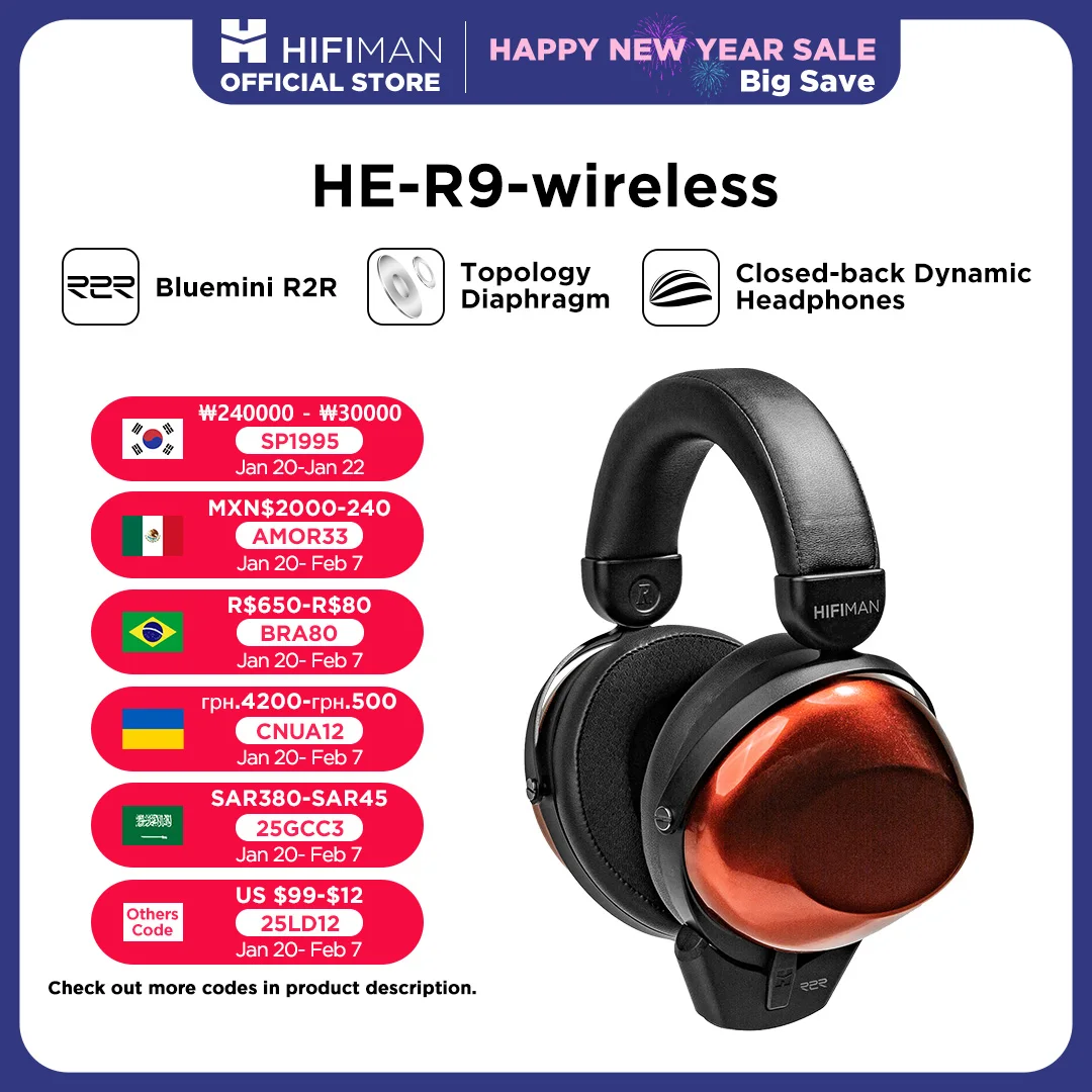 HIFIMAN HE-R9 Dynamic Closed-Back Over-Ear Headphones with Topology Diaphragm &BlueMini R2R DAC Bluetooth Adapter-Wireless Ver.