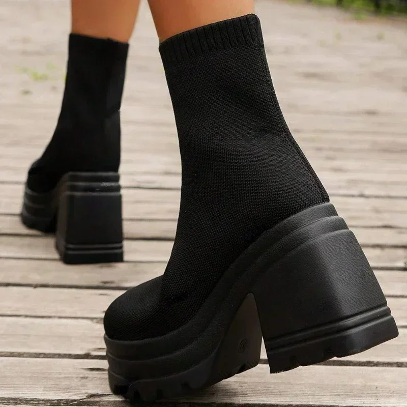 Fashion Knitted Ankle Boots women Casual Super High Heel Thick Bottom Shoes Female Autumn High-top Elastic Overfoot Sock Boots