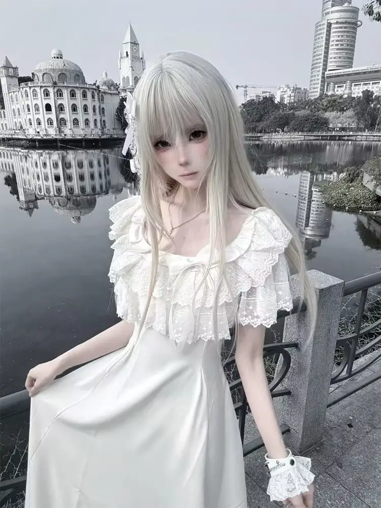 Gothic Fashion Sweet Lolita Weiße Spitzenkleider Y2k Schlanke Taille Kurzarmkleid für Frauen 2025, Sommer, Neu, Bodenbildung, Vintage