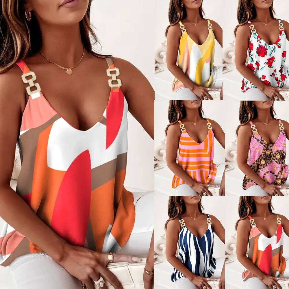 VEITCHE Sommer Frauen Elegante Feste Weste Casual V-ausschnitt Lose Ärmelloses Shirt Büro Dame Tuniken Strap Metall dekoration Top