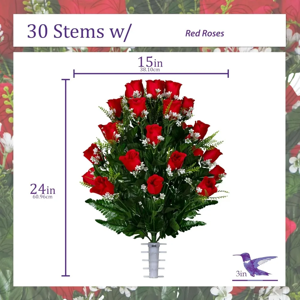 زهور المقبرة التذكارية الاصطناعية: مجموعة 30 وردة حمراء روبي مع سرج وباقة مطابقة لتحية مقرمى المحاربين القدامى