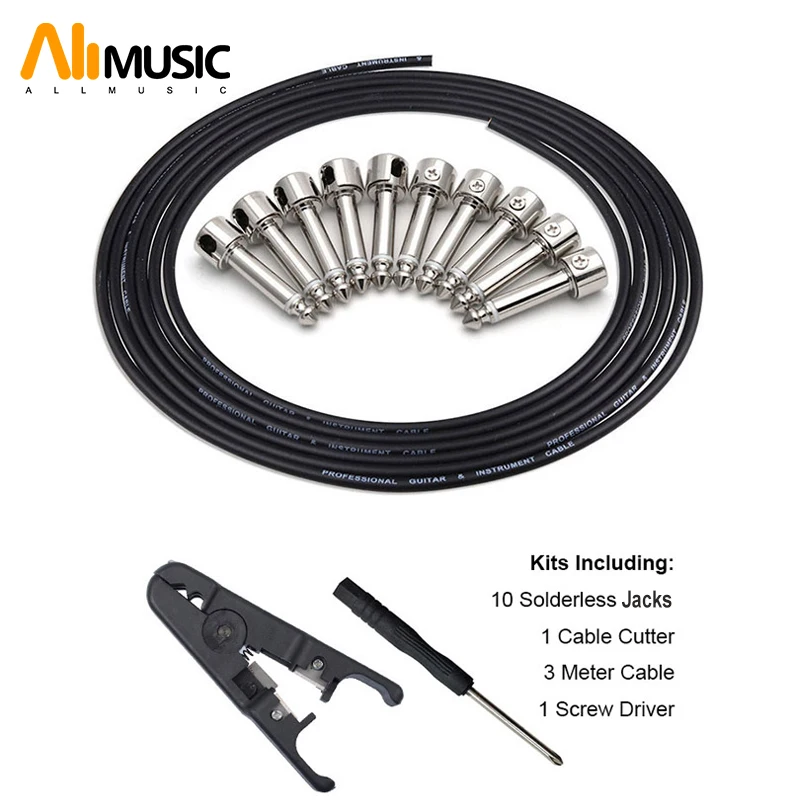 ALLMusic Solderless Connections Design Guitar Cable DIY Guitar Pedal Patch Cable kit 10 Solderless Chrome Cap Jack 3M Cable